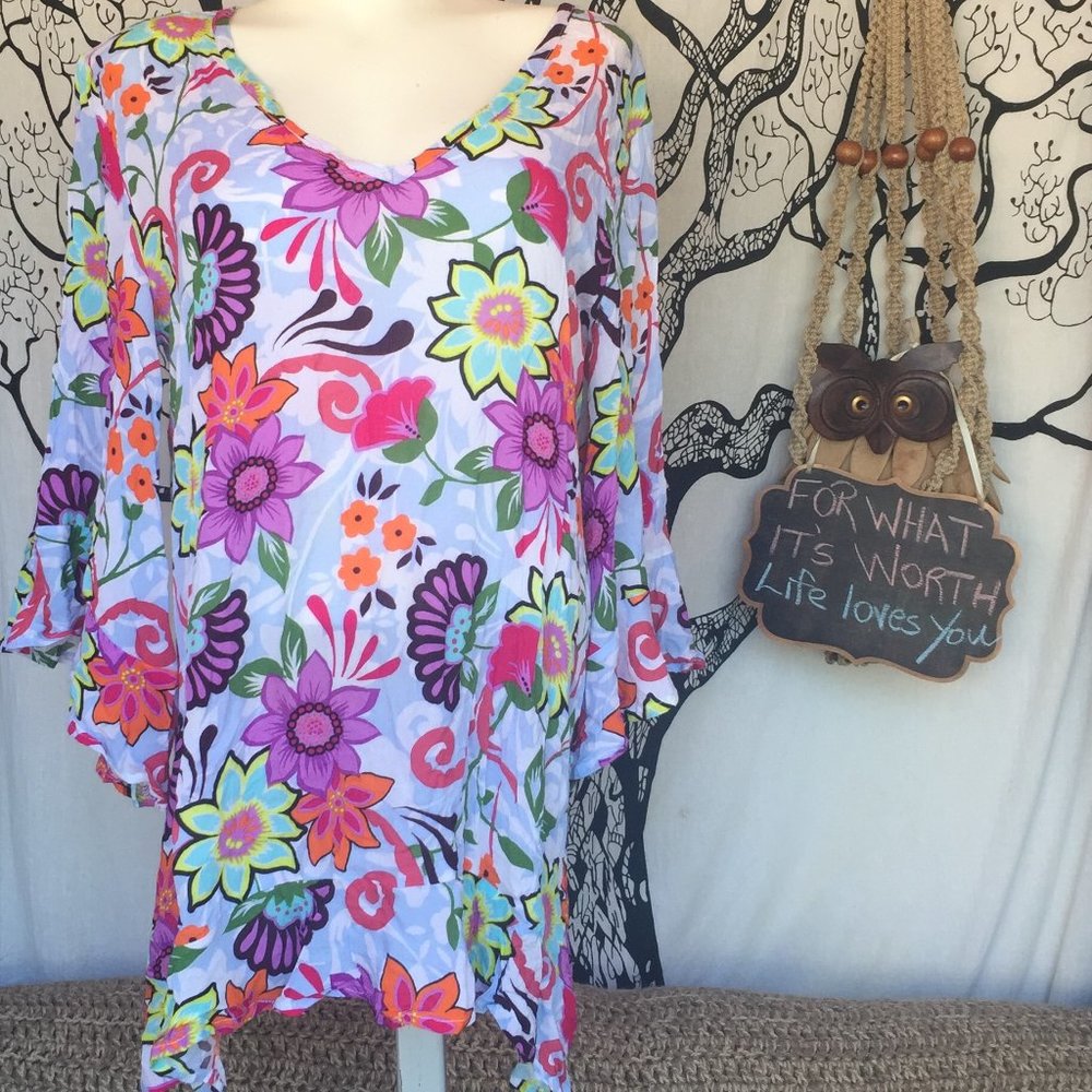 Anne Cole Floral Tunic Cover-Up, Butterfly Bell Sleeve, Size S